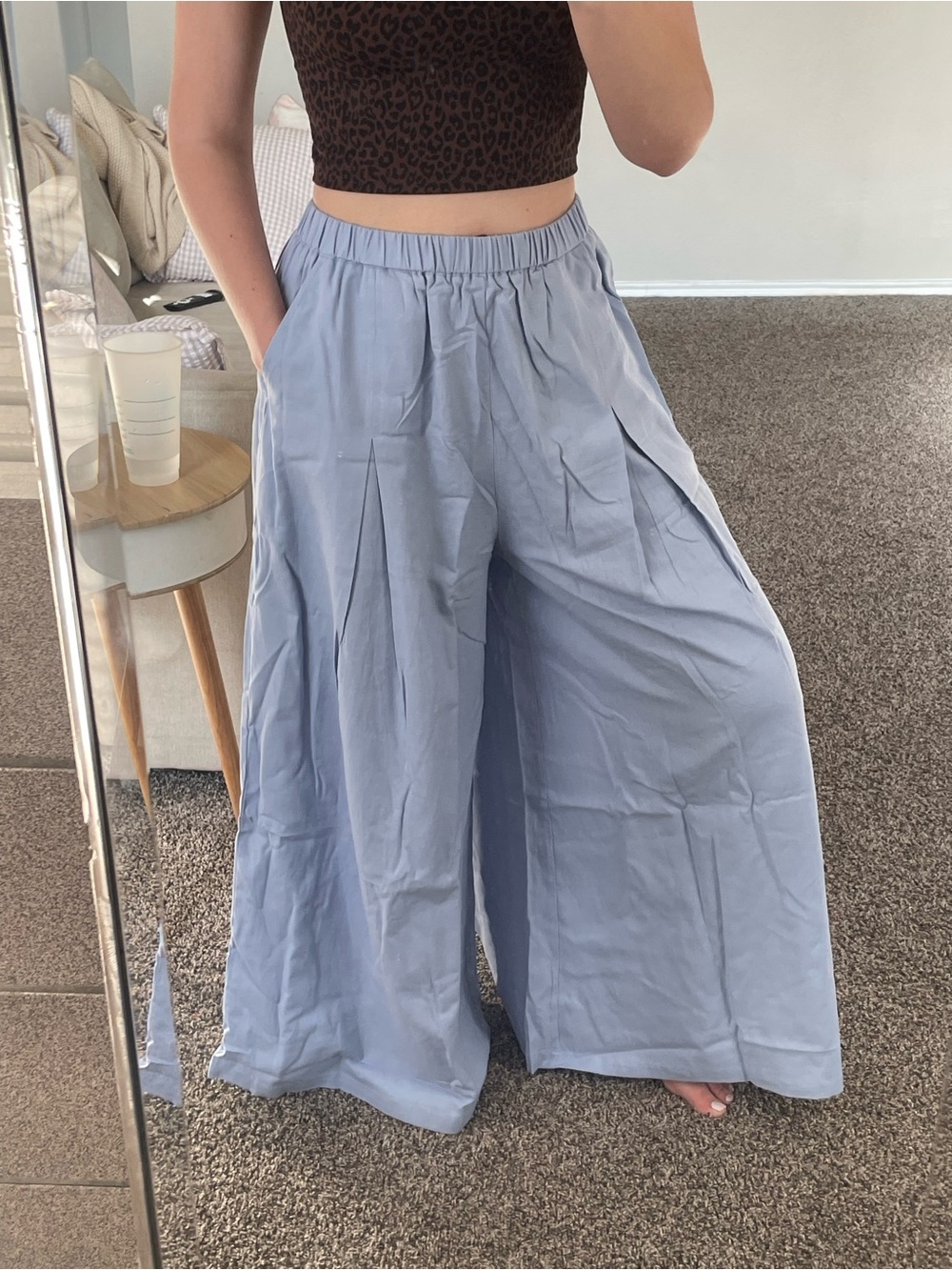 Light Blue Wide-Leg Pleated Palazzo Pants